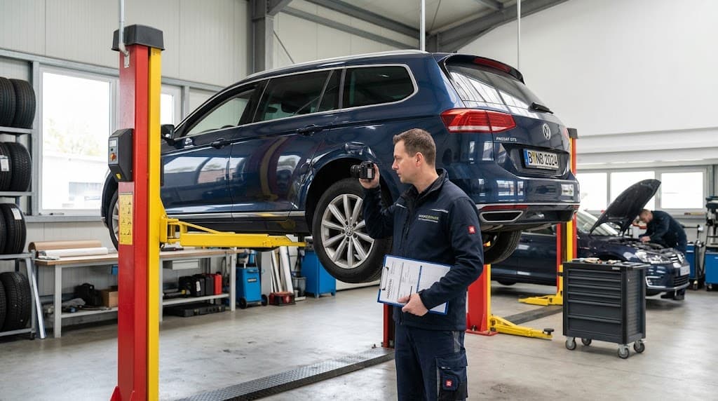 Kfz-Sachverständiger untersucht ein Fahrzeug auf der Hebebühne